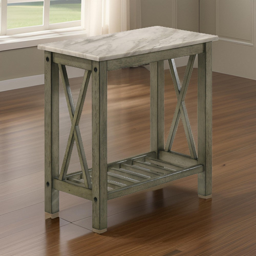 Elena 24 Inch Narrow Side Table, Lower Slatted Shelf, Faux Marble, Gray  By Casagear Home