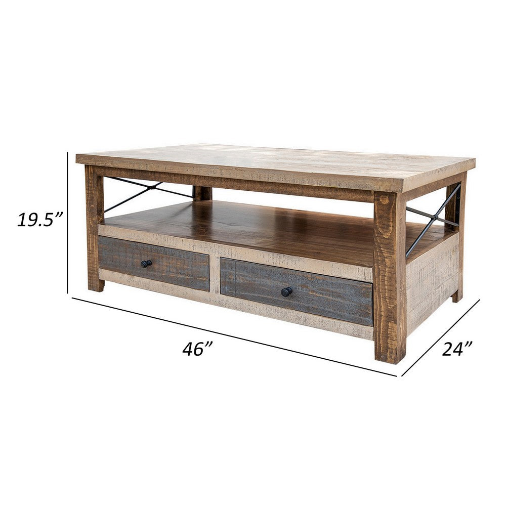 Niya 46 Inch Coffee Table, Solid Pine Wood, 4 Drawers, Wrought Iron, Brown By Casagear Home