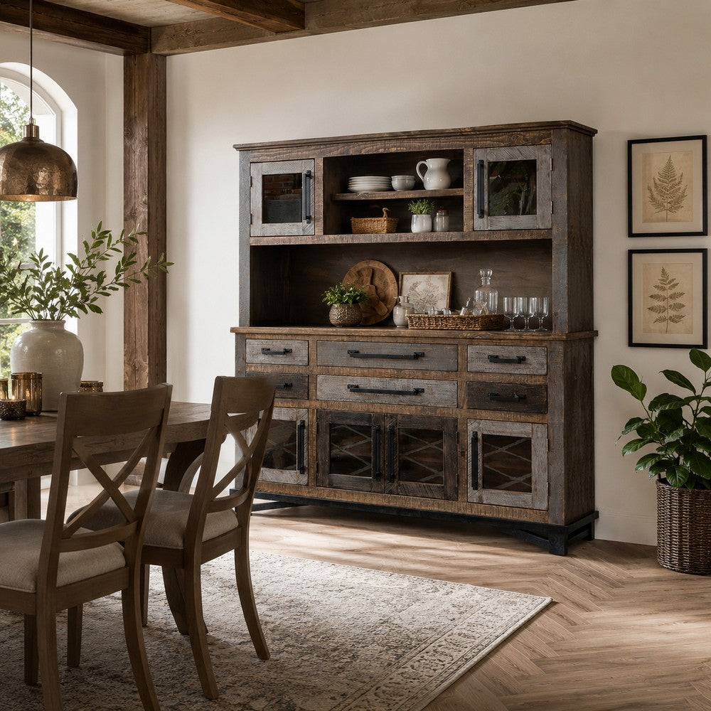 Peya 71 Inch Buffet and Hutch, 6 Drawers, Solid Distressed Pine Wood, Brown By Casagear Home