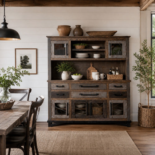 Peya 71 Inch Buffet and Hutch, 6 Drawers, Solid Distressed Pine Wood, Brown By Casagear Home