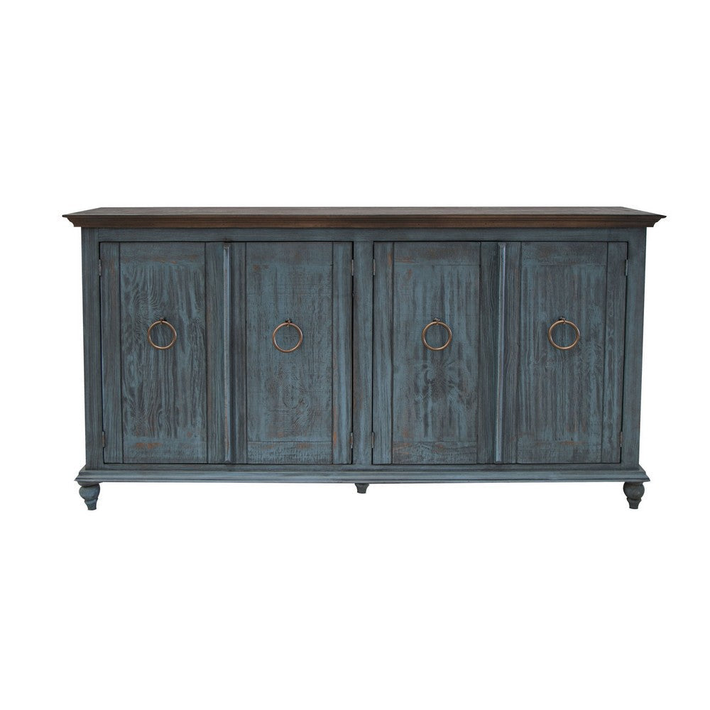 Cip 73 Inch Console Sideboard Pine Wood 4 Doors Ring Handles Deep Blue By Casagear Home BM306949