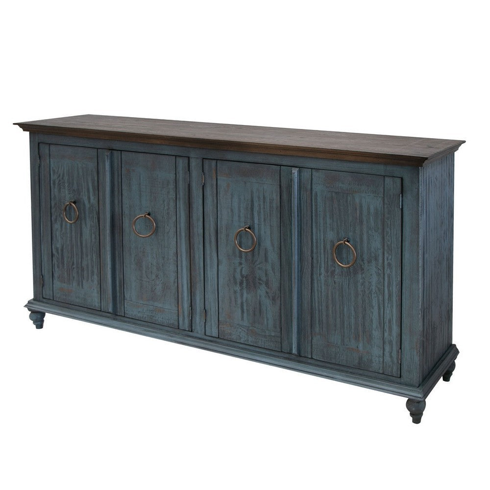 Cip 73 Inch Console Sideboard Pine Wood 4 Doors Ring Handles Deep Blue By Casagear Home BM306949