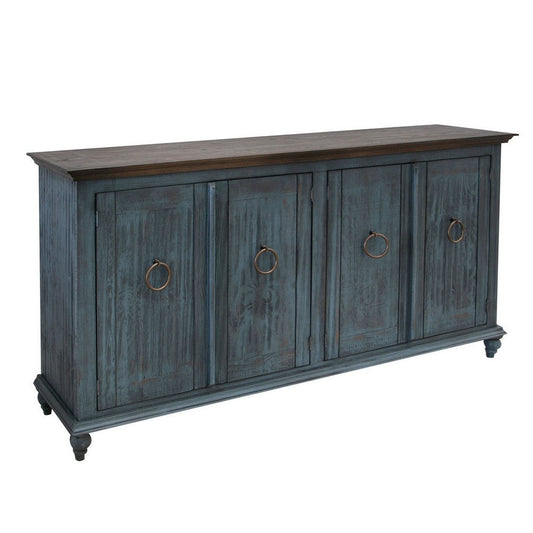 Cip 73 Inch Console Sideboard, Pine Wood, 4 Doors, Ring Handles, Deep Blue By Casagear Home