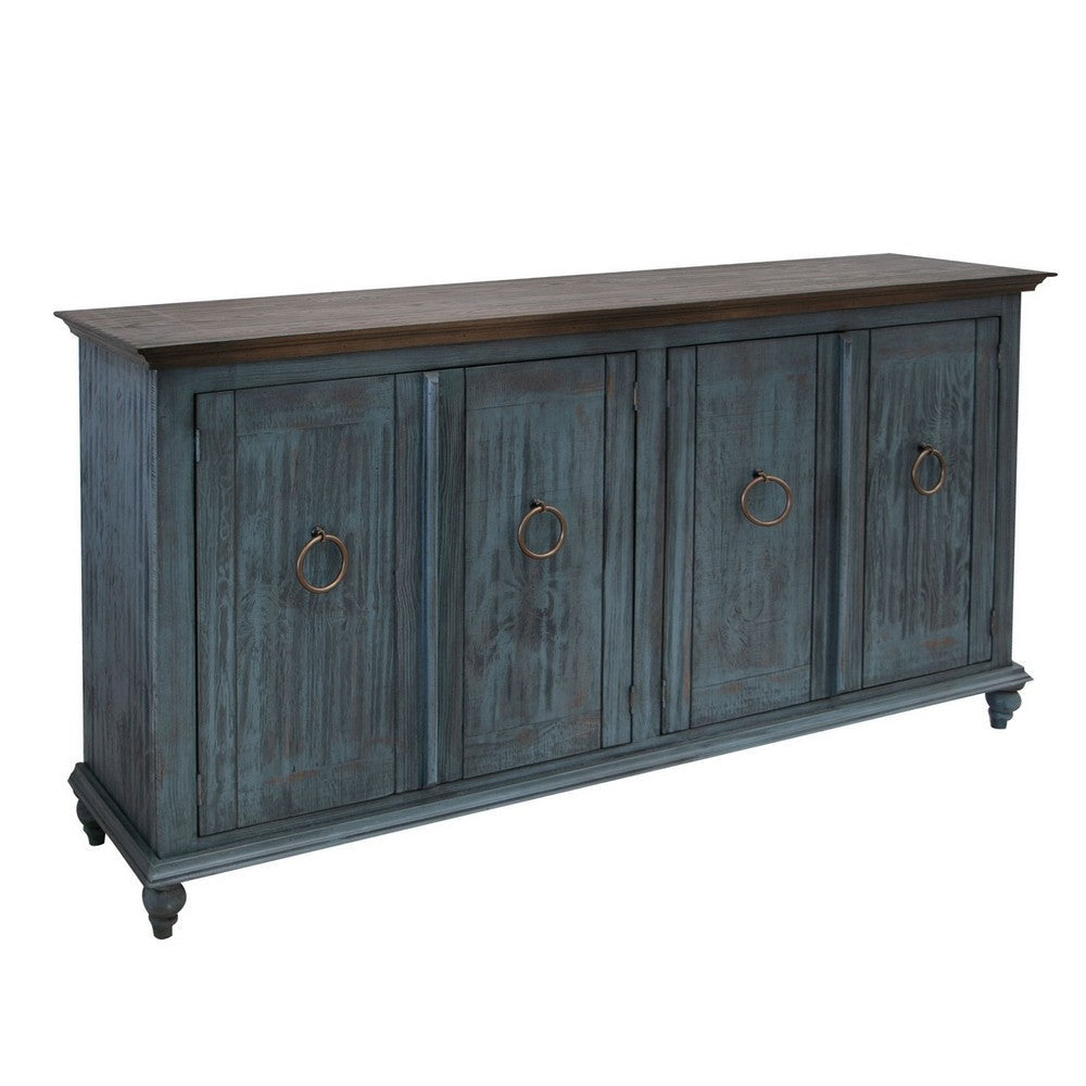 Cip 73 Inch Console Sideboard, Pine Wood, 4 Doors, Ring Handles, Deep Blue By Casagear Home