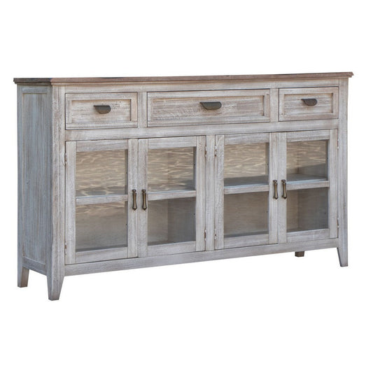 Kohl 67 Inch Console Cabinet, 4 Doors, Mango Wood, 3 Gliding Drawers, White By Casagear Home