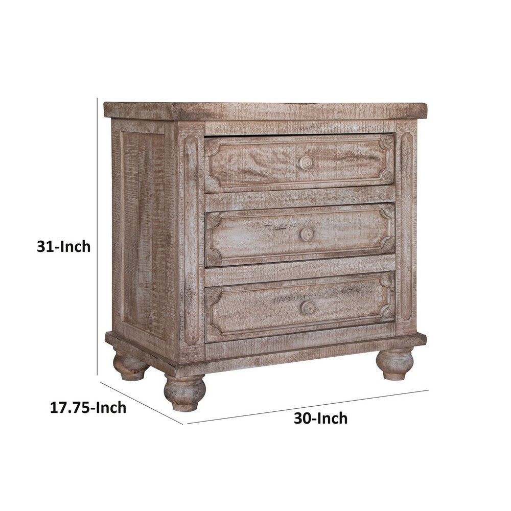 Genie 31 Inch Bedside Nightstand Mango Wood 3 Gliding Drawers Light Brown By Casagear Home BM306963