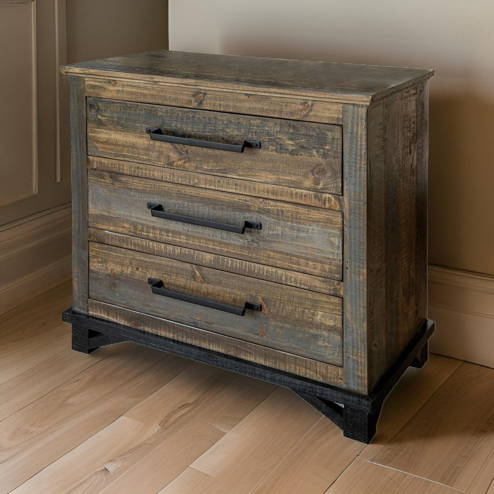 Lint 37 Inch Dresser Chest, Pine Wood, 3 Gliding Drawers, Gray and Brown By Casagear Home