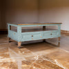 Rozy 50 Inch Coffee Table, 4 Drawers, Teal Blue Pine Wood, Hand Finished By Casagear Home