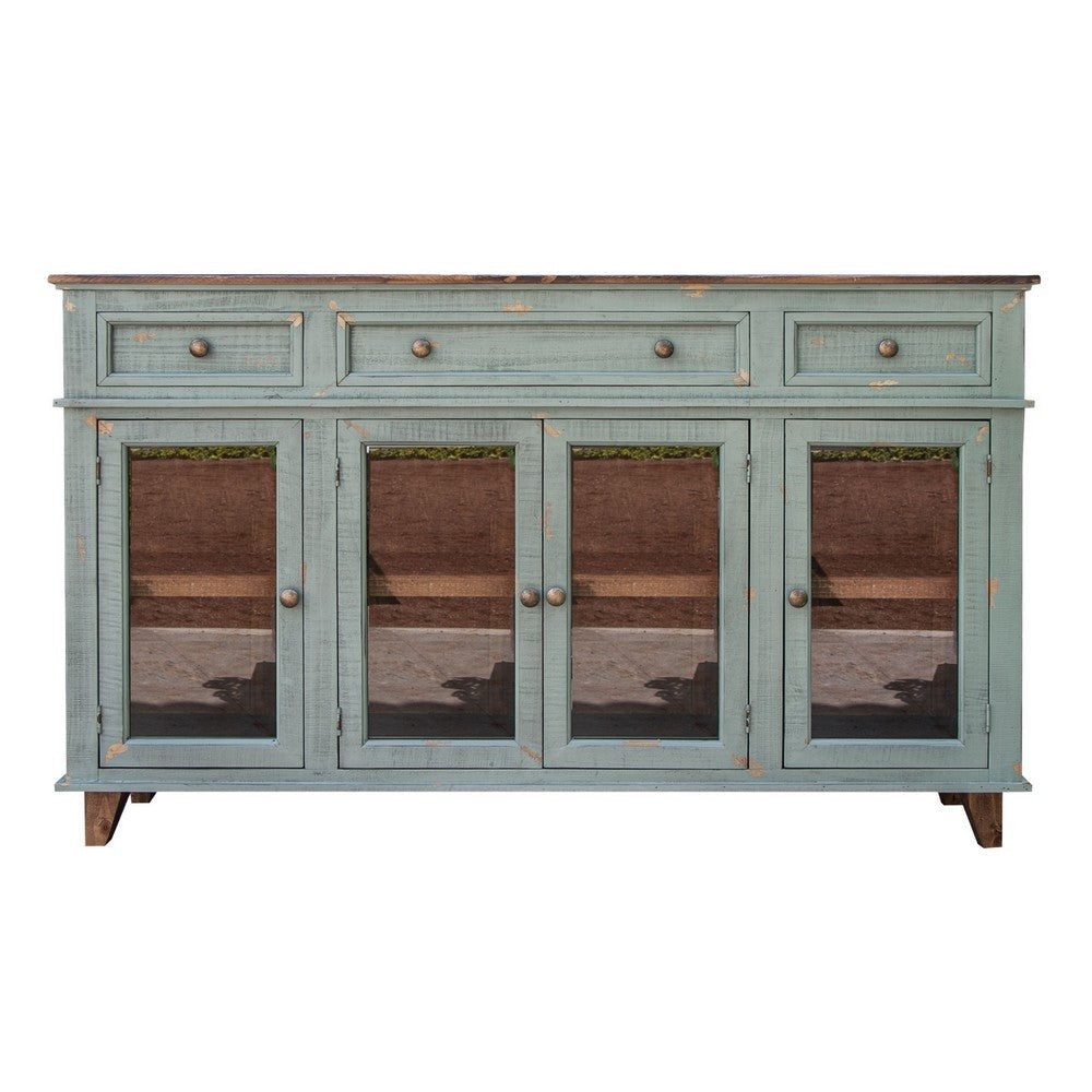 Rozy 70 Inch Console Sideboard Cabinet 4 Glass Doors Teal Blue Pine Wood By Casagear Home BM307047