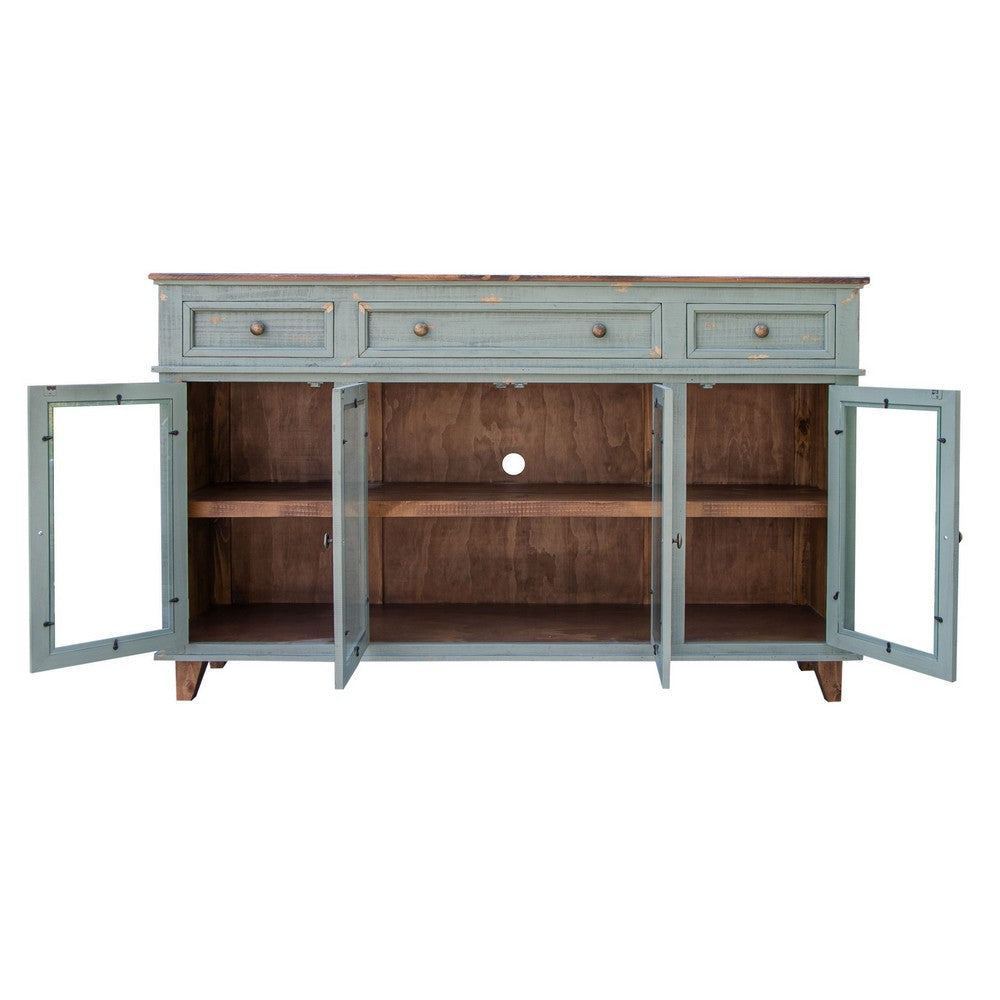 Rozy 70 Inch Console Sideboard Cabinet 4 Glass Doors Teal Blue Pine Wood By Casagear Home BM307047