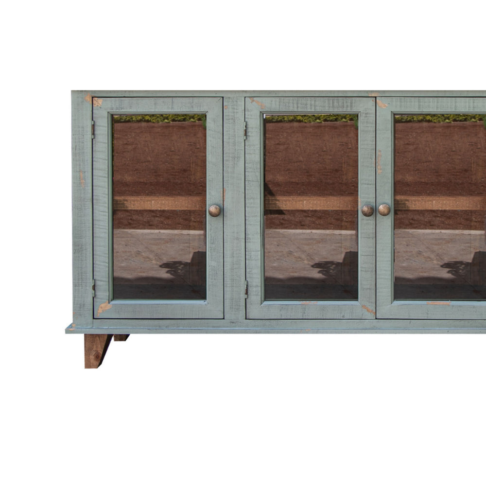 Rozy 70 Inch Console Sideboard Cabinet 4 Glass Doors Teal Blue Pine Wood By Casagear Home BM307047