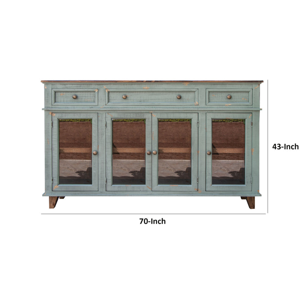 Rozy 70 Inch Console Sideboard Cabinet 4 Glass Doors Teal Blue Pine Wood By Casagear Home BM307047