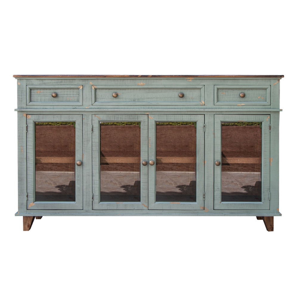 Rozy 70 Inch Console Sideboard Cabinet, 4 Glass Doors, Teal Blue Pine Wood By Casagear Home