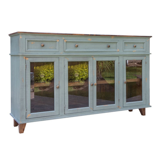 Rozy 70 Inch Console Sideboard Cabinet, 4 Glass Doors, Teal Blue Pine Wood By Casagear Home