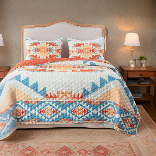 2pc Twin Quilt and Pillow Sham Set, Geometric Motifs, Multicolor Microfiber By Casagear Home