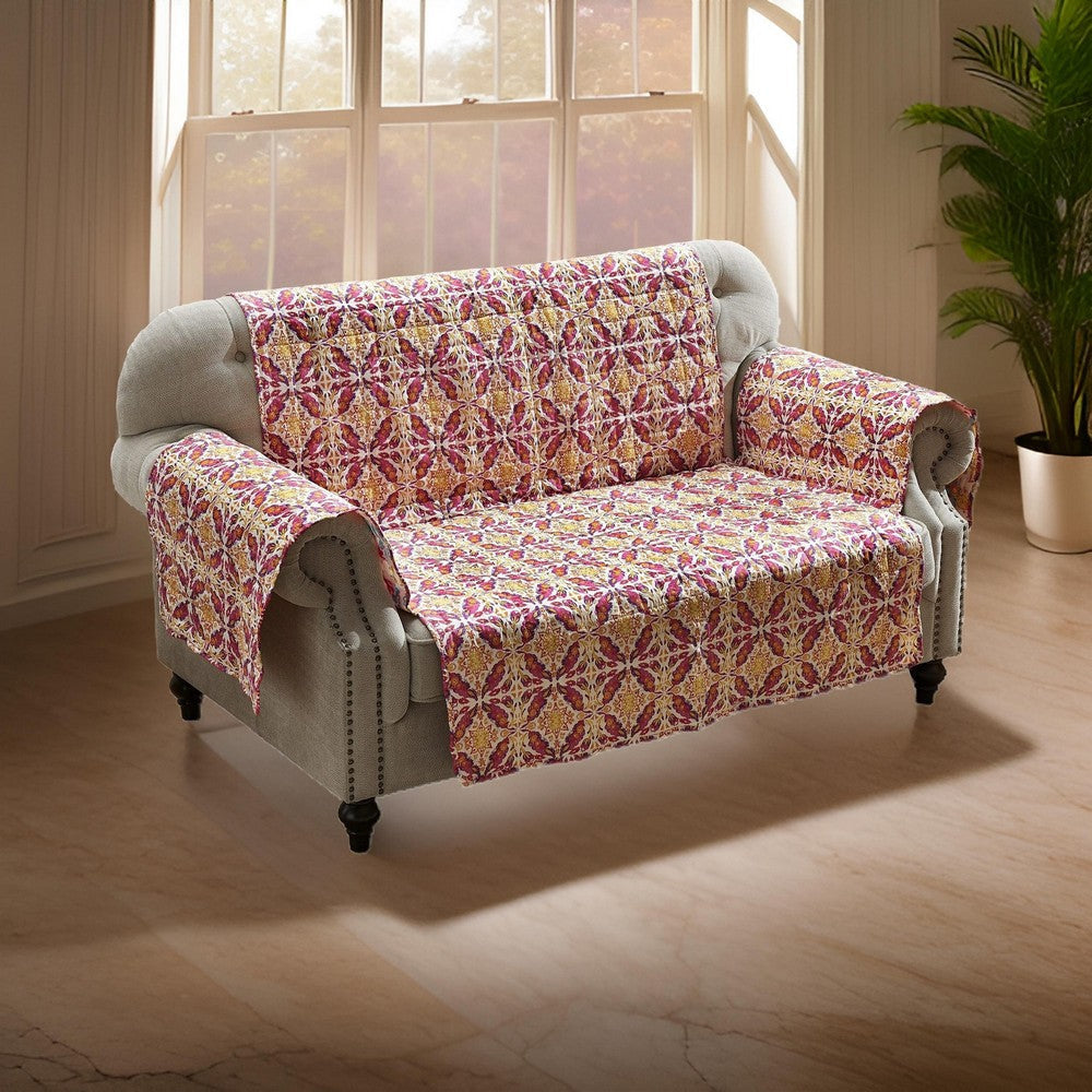 Kewa 103 Inch Quilted Loveseat Cover, Multicolor Border, Maroon Polyester By Casagear Home