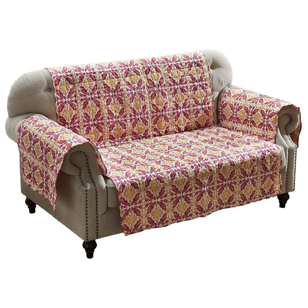 Kewa 103 Inch Quilted Loveseat Cover, Multicolor Border, Maroon Polyester By Casagear Home