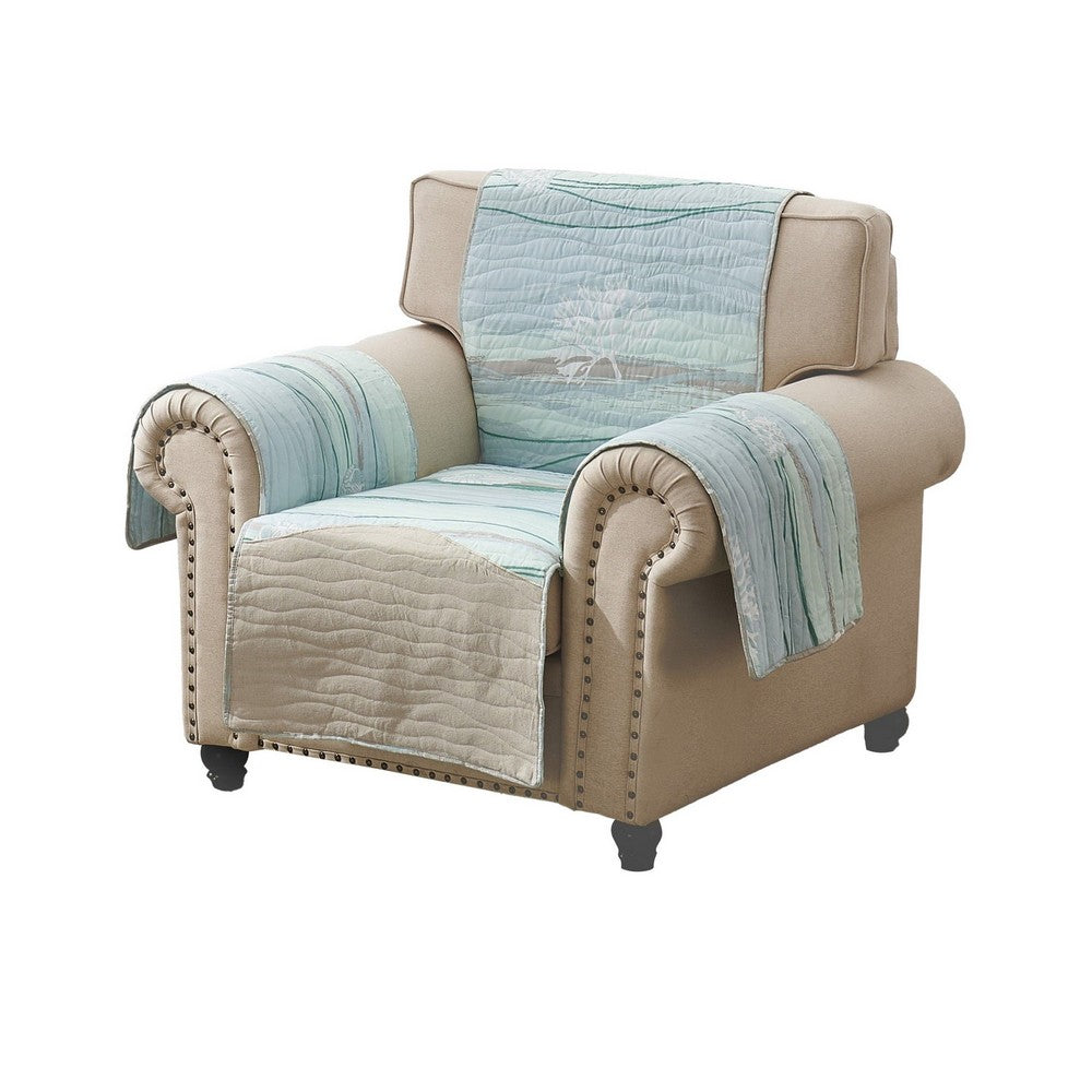 Niha 81 Inch Armchair Cover with Ocean Wave Print and Quilting, Multicolor By Casagear Home