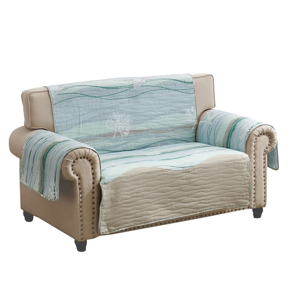 Niha 103 Inch Loveseat Cover with Ocean Wave Print and Quilting, Multicolor By Casagear Home