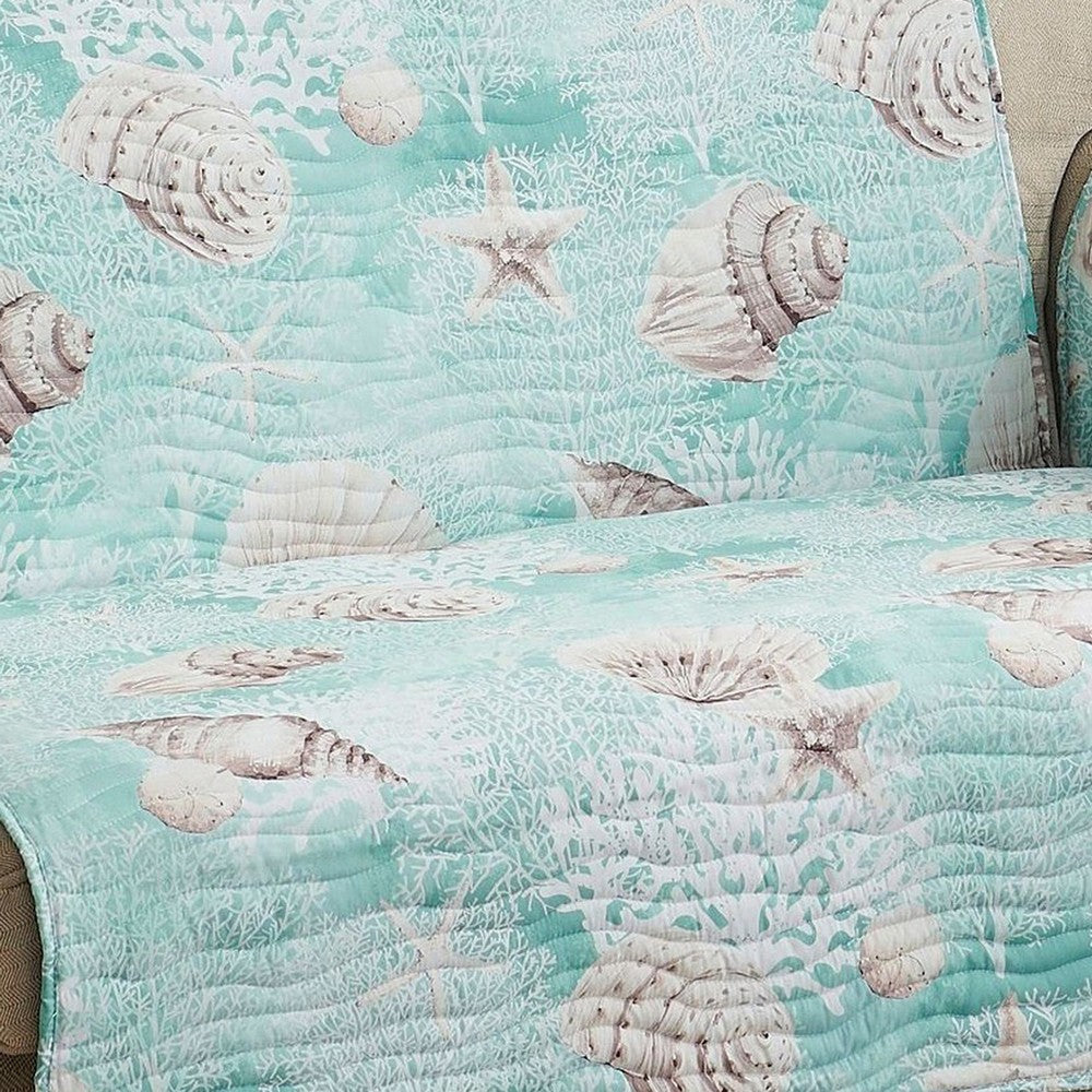 Logan 103 Inch Loveseat Cover Wave Quilt Shells Print Turquoise Polyester By Casagear Home BM307068