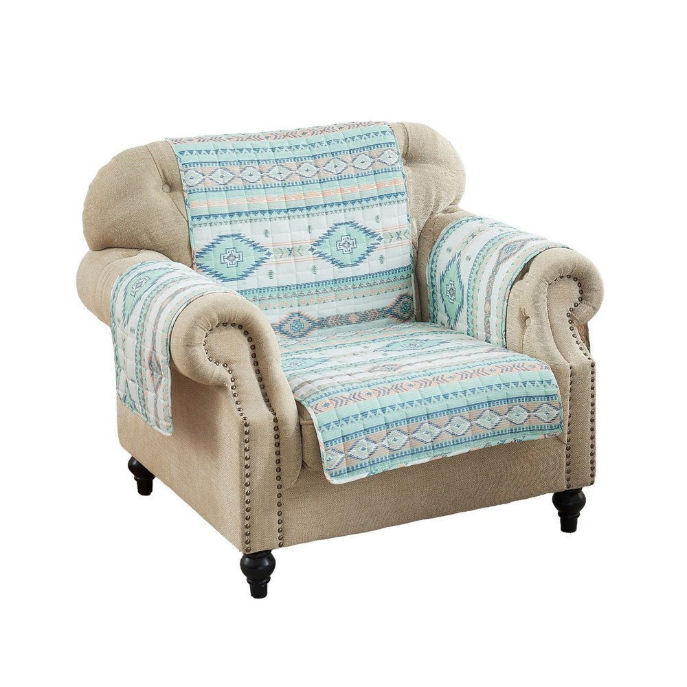 Linda 81 Inch Quilted Armchair Cover, Geometric Prints, Turquoise Polyester By Casagear Home