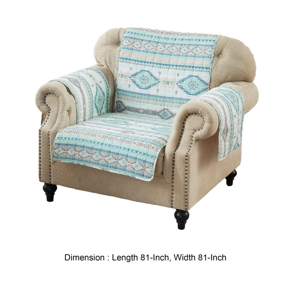 Linda 81 Inch Quilted Armchair Cover, Geometric Prints, Turquoise Polyester By Casagear Home