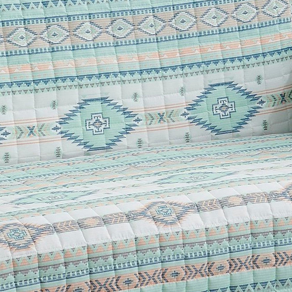 Linda 103 Inch Quilted Loveseat Cover Geometric Print Turquoise Polyester By Casagear Home BM307071