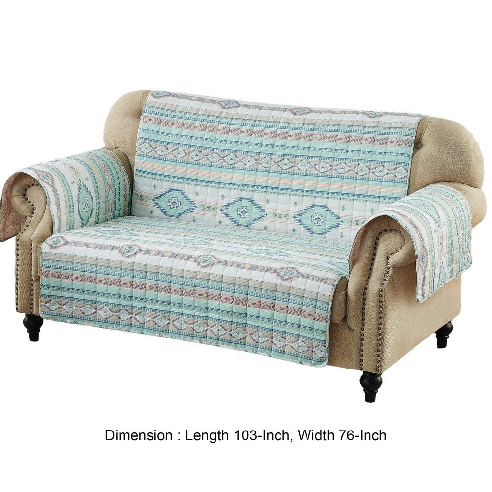 Linda 103 Inch Quilted Loveseat Cover Geometric Print Turquoise Polyester By Casagear Home BM307071