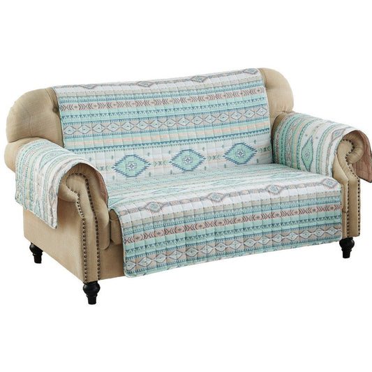 Linda 103 Inch Quilted Loveseat Cover, Geometric Print, Turquoise Polyester By Casagear Home