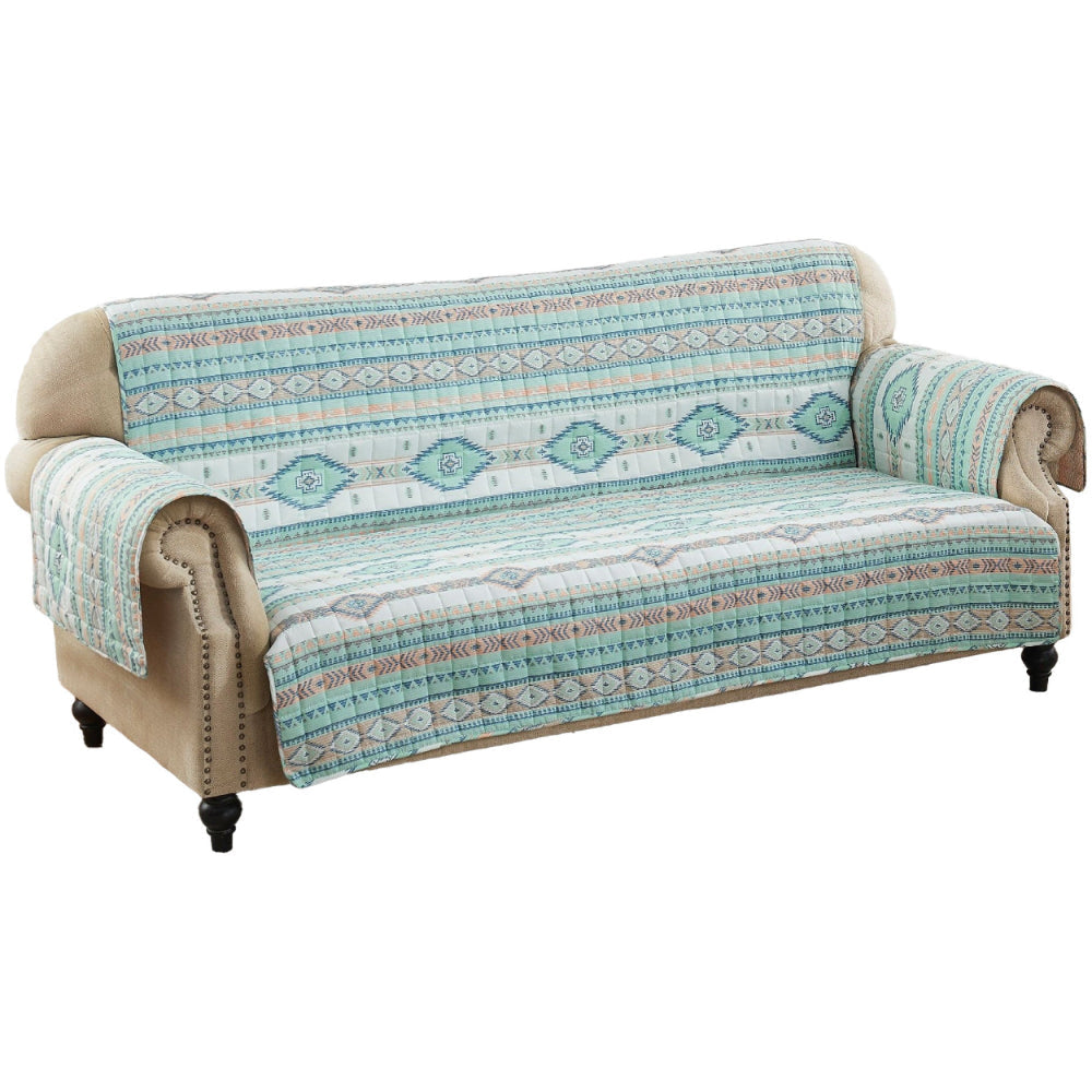 Linda 127 Inch Quilted Sofa Cover with Geometric Print Turquoise Polyester By Casagear Home BM307072