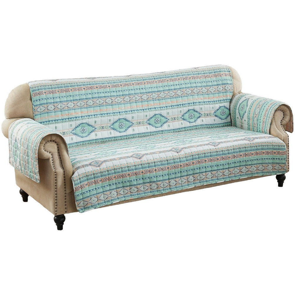 Linda 127 Inch Quilted Sofa Cover with Geometric Print, Turquoise Polyester By Casagear Home