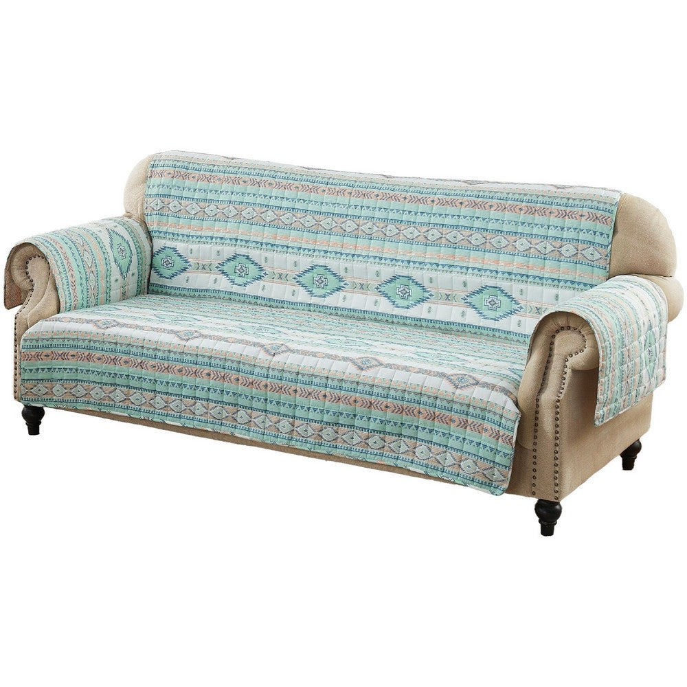 Linda 127 Inch Quilted Sofa Cover with Geometric Print, Turquoise Polyester By Casagear Home