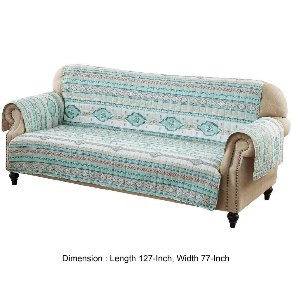 Linda 127 Inch Quilted Sofa Cover with Geometric Print, Turquoise Polyester By Casagear Home