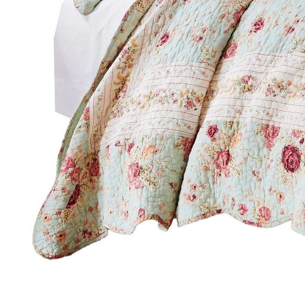 Rosle 2pc Twin Quilt and Pillow Sham Set, Scallop Edges, Floral Blue Cotton By Casagear Home