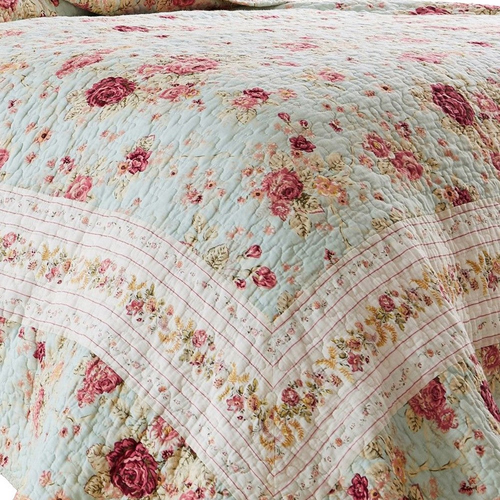 Rosle 2pc Twin Quilt and Pillow Sham Set, Scallop Edges, Floral Blue Cotton By Casagear Home
