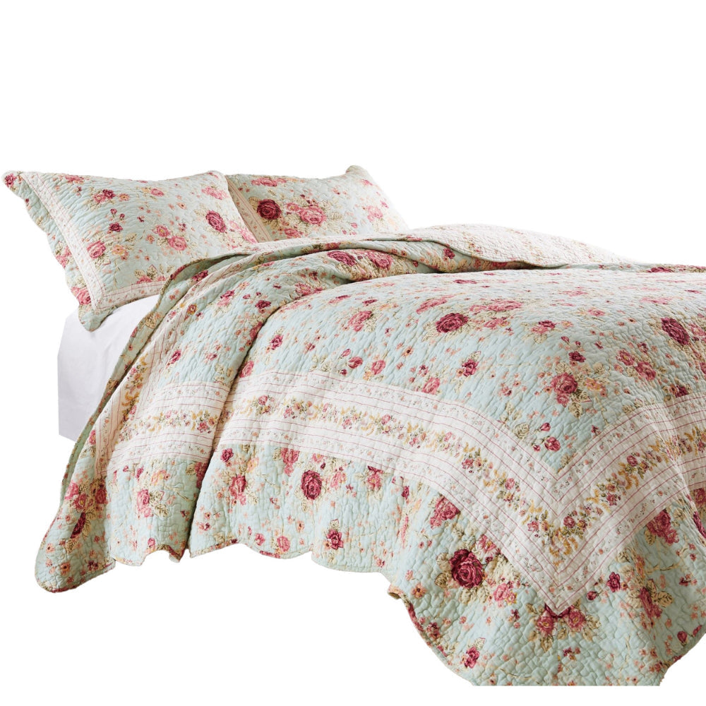 Rosle 2pc Twin Quilt and Pillow Sham Set Scallop Edges Floral Blue Cotton By Casagear Home BM307073