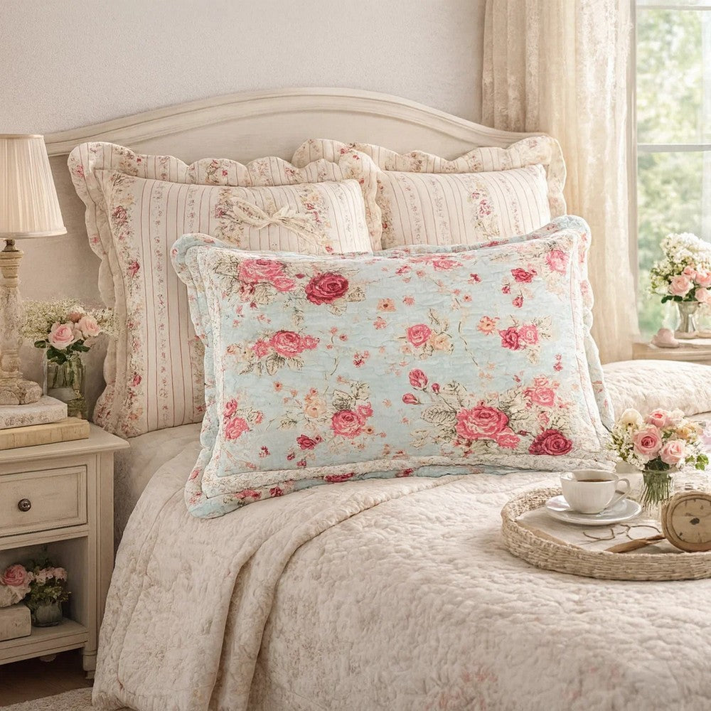 Rosle 36 Inch King Pillow Sham, Scallop Edges, Floral Pinstripe Blue Cotton By Casagear Home
