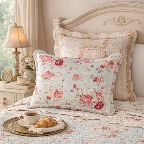 Rosle 36 Inch King Pillow Sham, Scallop Edges, Floral Pinstripe Blue Cotton By Casagear Home