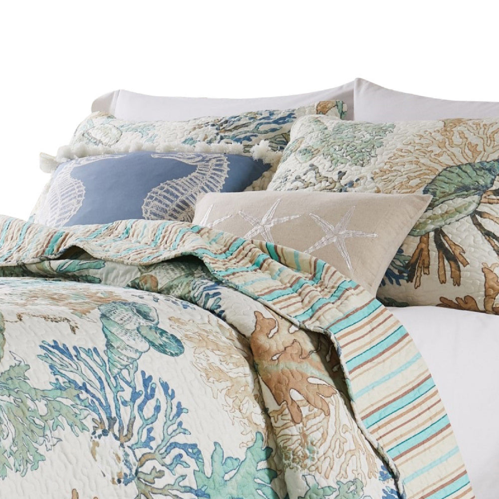 Wade 2pc Twin Quilt and Pillow Sham Set Cotton Fill Coastal Seashell Jade By Casagear Home BM307076