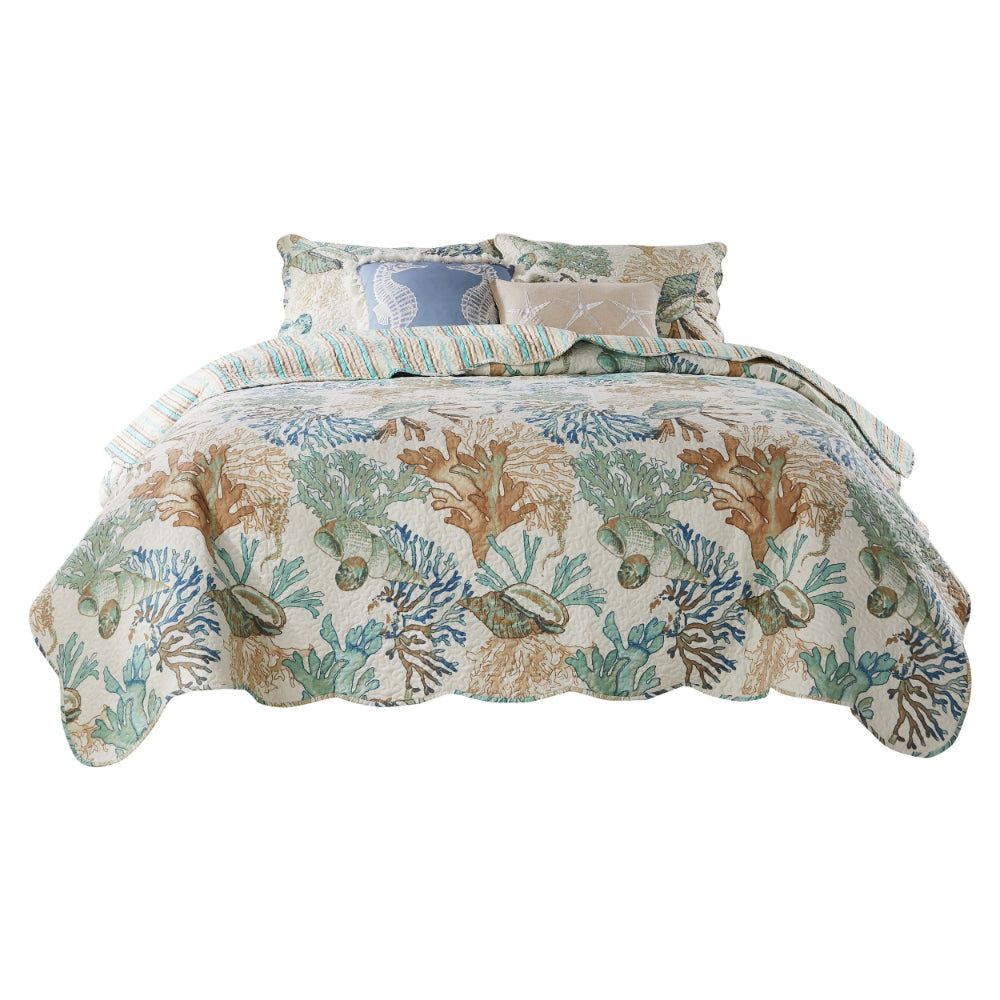 Wade 2pc Twin Quilt and Pillow Sham Set Cotton Fill Coastal Seashell Jade By Casagear Home BM307076