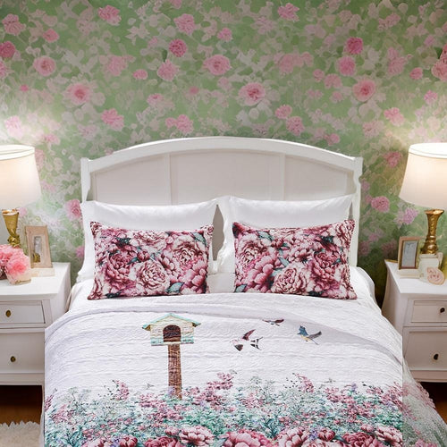 36 Inch Quilted King Pillow Sham, Cotton Fill, White and Lavender Blossoms By Casagear Home