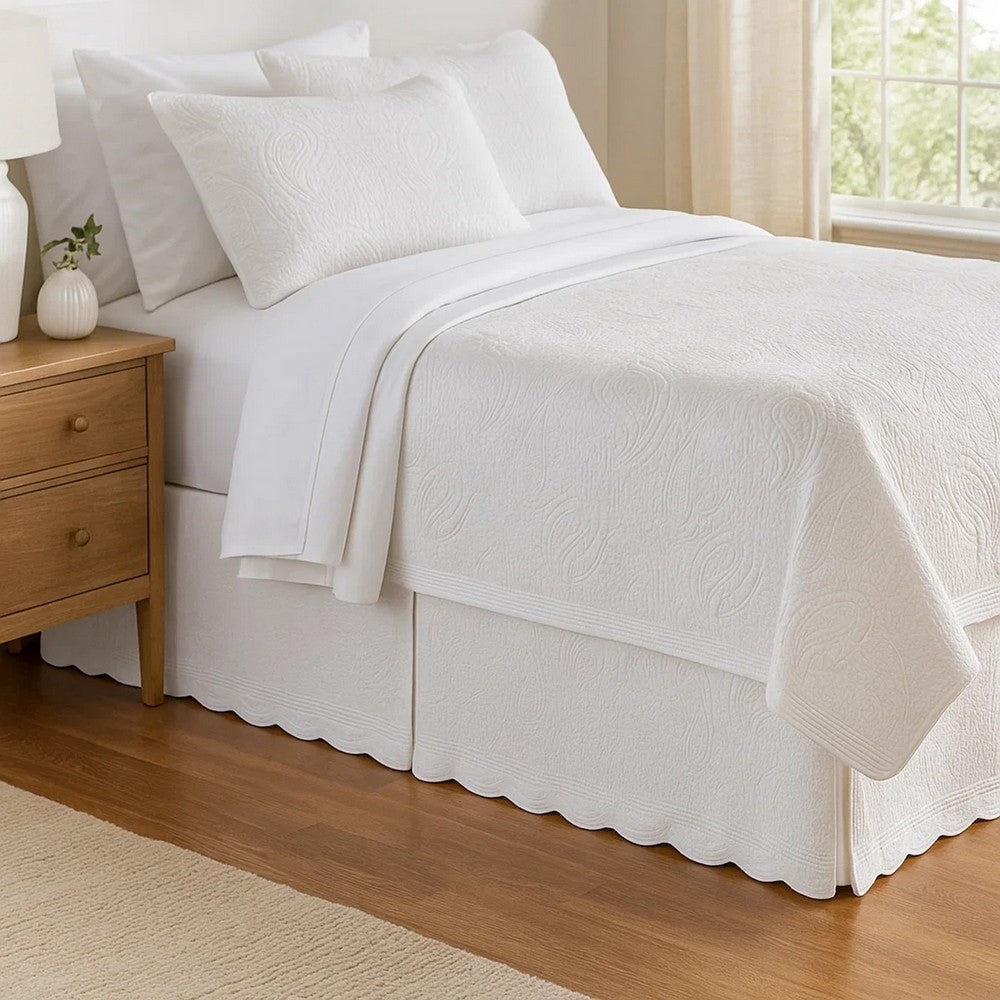 Muka Paisley Quilted Twin Bed Skirt, Cotton Drop, Polyester Platform, Ivory By Casagear Home