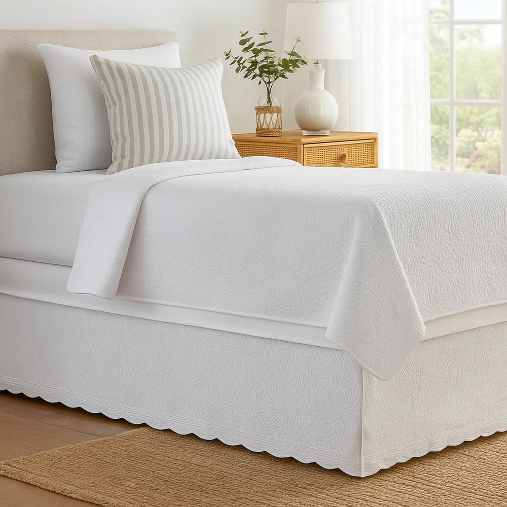 Muka Paisley Quilted Twin Bed Skirt, Cotton Drop, Polyester Platform, Ivory By Casagear Home