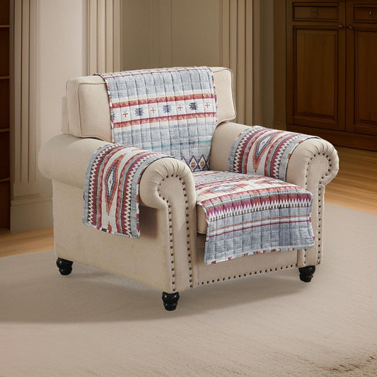 Pimi 81 Inch Quilted Armchair Cover, Multicolor Motif, Stone Gray Polyester By Casagear Home