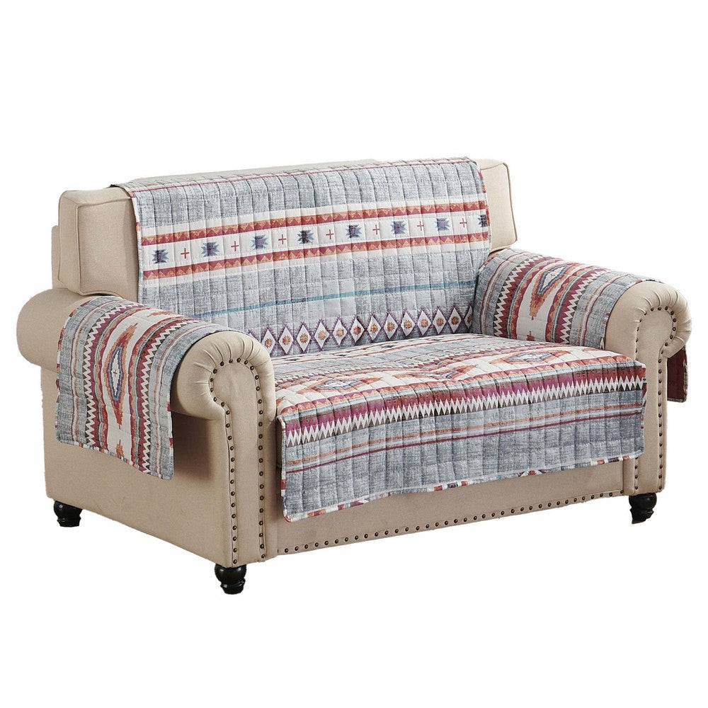 Pimi 103 Inch Loveseat Cover with Multicolor Motif, Stone Gray Polyester By Casagear Home