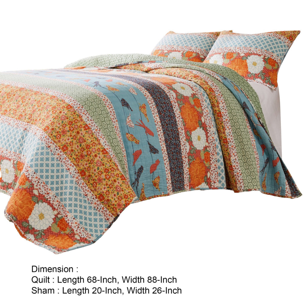 2pc Twin Quilt and Pillow Sham Set Floral and Songbirds Prints Multicolor By Casagear Home BM307092