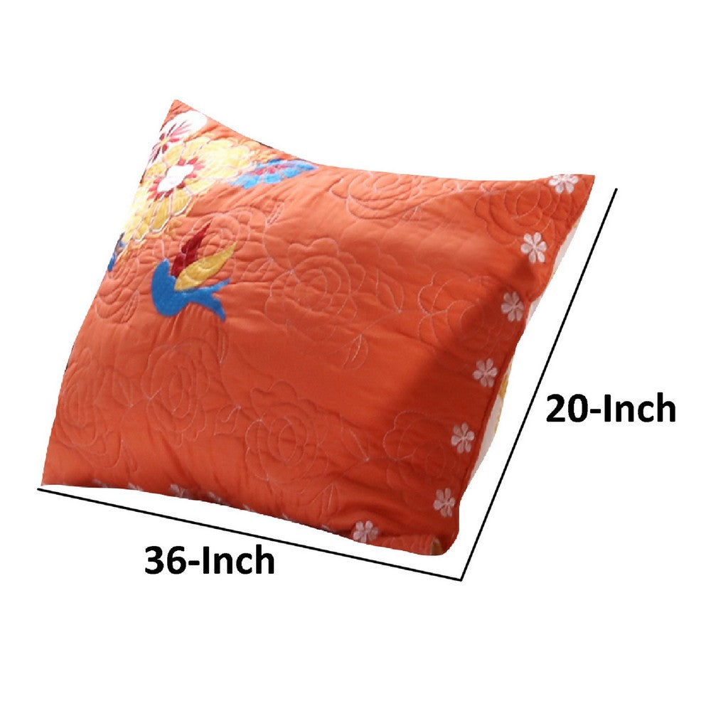 36 Inch Quilted King Pillow Sham, Cotton Rich Fill, Multicolor Embroidery By Casagear Home