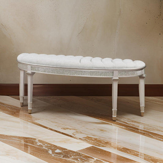 Nive 53 Inch Bench, Semiround Shape, Encrusted Faux Diamond, Silver Oak By Casagear Home