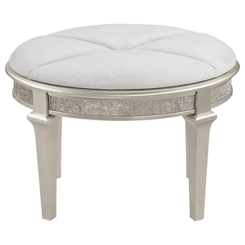 Nive 24 Inch Oval Vanity Stool, Ivory Chenille, Encrusted Faux Diamond  By Casagear Home