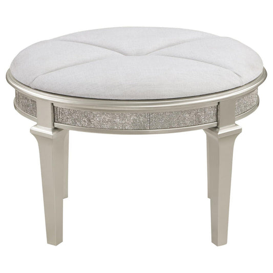 Nive 24 Inch Oval Vanity Stool, Ivory Chenille, Encrusted Faux Diamond  By Casagear Home